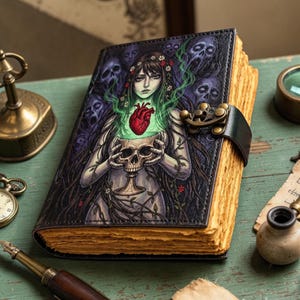 May include: A rectangular journal with a dark cover featuring an illustration of a person holding a skull with a glowing red heart above it, surrounded by ghostly faces. The book has thick, deckled-edge pages and a metal latch closure on the side.
