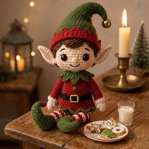 Mönster för amigurumi med böjd tå för jultomte i PDF-format | Virkad jultomtedocka 30 cm | Digital nedladdning för pilgrimsmusslor för medelnivå