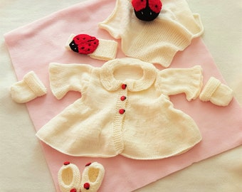 Baby Girls Ladybird Knitting Pattern – Cardigan, Booties, Mittens, Headband, Comforter (PDF Download)