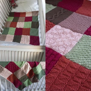 May include: A knitted baby blanket with a patchwork design in shades of green, brown, pink, and red. The blanket is made of different knit stitches, creating a textured look.