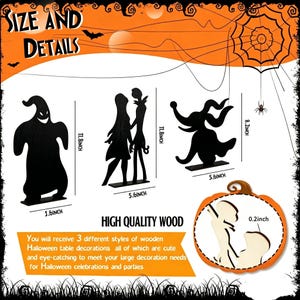 May include: Three black wooden Halloween table decorations featuring silhouettes of a ghost, a couple, and a dog. Dimensions are labeled in inches: the ghost is 11.8 inches tall, the couple is 11.8 inches tall, and the dog is 8.2 inches tall.