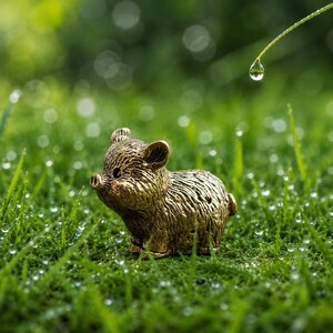 May include: A small, metallic, gold-toned figurine of a piglet with a textured, fur-like surface. The piglet is depicted in a standing position, facing toward the left, with pointed ears and a snout, set against a backdrop of green grass.