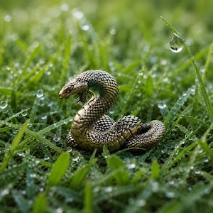 May include: A small, metallic bronze-coloured snake figurine with a textured, scaled surface. The snake is coiled in a defensive posture with its head raised and mouth slightly open, showing detailed scales and a dark, weathered finish.