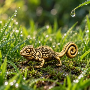 May include: A small, metallic gold-toned chameleon figurine with a textured, scaly surface and a curled tail. The lizard is depicted in a side profile view, showcasing its detailed head, prominent eye, and four legs resting on a dark, mossy surface.