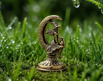 Handmade Brass Moon Lady Figurine, Crescent Moon Cat Statue, Vintage Style Desk Decor