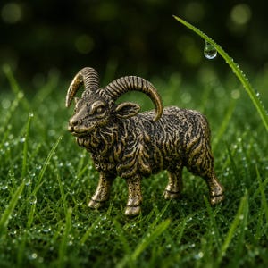 Könnte beinhalten: Eine kleine, detaillierte bronzefarbene Widderfigur mit geschwungenen Hörnern und strukturiertem Fell. Die Skulptur weist komplexe Gesichtsdetails auf, darunter ausgeprägte Augen und Ohren, und steht auf vier Beinen mit einem verwitterten Metallfinish.