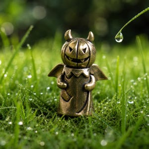 Könnte beinhalten: Eine kleine, metallische, bronzefarbene Figur in Form eines kürbisköpfigen Wesens mit kleinen Flügeln und einem breiten, zahnigen Grinsen. Die Figur hat eine glatte, polierte Oberfläche, einen runden Kopf und einen einfachen, zylindrischen Körper.