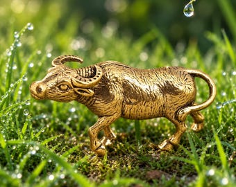 Handmade Brass Water Buffalo Figurine, Vintage Bull Statue, Rustic Farm Animal Decor