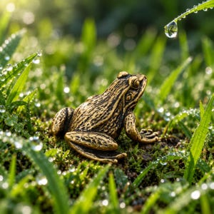 Può includere: Una piccola statuetta di rana color bronzo testurizzato con dettagliate marcature sulla pelle, posizionata in un prato d'erba verde coperto di rugiada mattutina, con una singola goccia d'acqua limpida appesa a un filo d'erba nell'angolo in alto a destra.