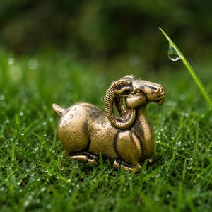 Könnte beinhalten: Eine kleine, metallene, bronzefarbene Widderfigur in ruhender Position. Der Widder weist detaillierte, geschwungene Hörner, einen strukturierten Körper und einen kurzen Schwanz auf. Die Metalloberfläche hat ein verwittertes Antik-Finish.
