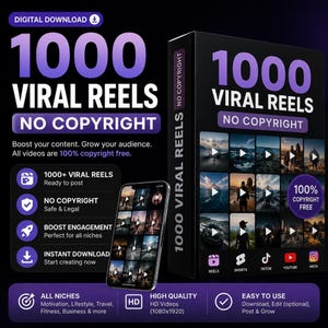 Reels Content Pack, 1,000 No-Copyright Vertical Clips, Digital Download