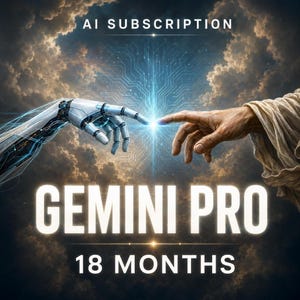 Può includere: Un'immagine digitale che mostra una mano robotica e una mano umana che si protendono l'una verso l'altra con una luce brillante nel mezzo. Il testo recita AI SUBSCRIPTION, GEMINI PRO e 18 MONTHS su uno sfondo di nuvole scure e circuiti blu.