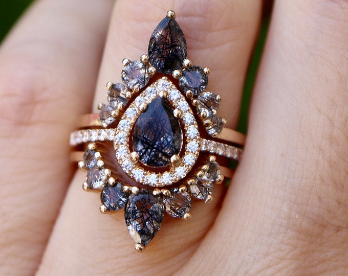 Teardrop Tourmalated Quartz Bridal 3 Ring- Pear Black Rutile Quartz Engagement Ring Set- Solid 14k 18k Gold Halo Genuine Black Ring
