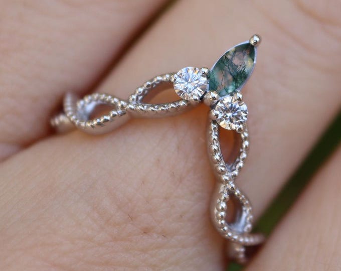 Marquise Green Moss Agate Deep V Chevron Sterling Silver Wedding Band