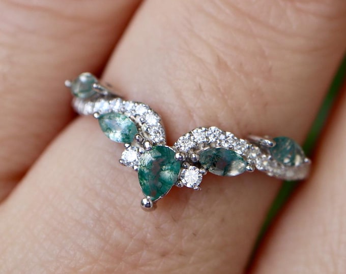 Marquise Genuine Moss Agate and Moissanite Sterling Silver Deco Wedding Band