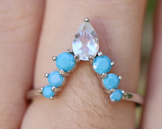 Blue Turquoise Curve Wedding Silver Band- Blue Stone Nesting Rose Band- Turquoise Stack Chevron Band- Half Circle December Boho Band