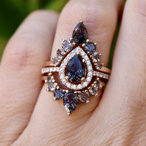 Teardrop Tourmalated Quartz Bridal 3 Sterling Silver Ring Set-Pear Black Rutile Quartz Engagement Ring Set-Halo Bridal Ring w/2 Wedding Band