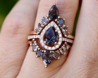 Teardrop Black Tourmalated Quartz Halo Engagement Sterling Silver 3 Ring Set