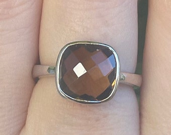 Square Smoky Quartz Ring- Stackable Smoky Topaz Ring-Light Brown Gemstone Ring- Sterling Silver Brown Stone Ring- Faceted Bezel Cushion Ring