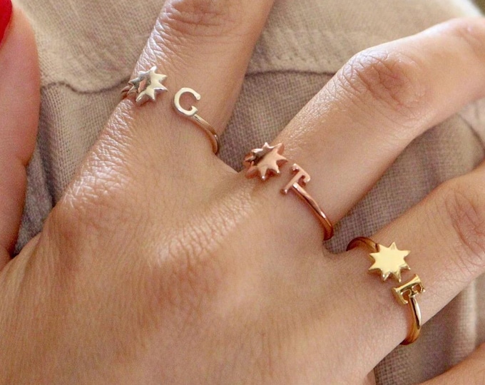 Star Initial Open Ring-Dainty Alphabet Letter Sterling Silver Ring-Adjustable Personalize Name Ring-Gifts for Mom Graduates Daughter Friend