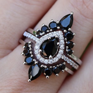 Teardrop Black Onyx Bridal 3 Ring Set- Pear Black Gem Alternative Engagement Ring Set- Black Halo Ring with 2 Black Wedding Band