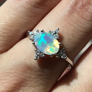 Oval Opal Diamond Engagement Ring- Natural Genuine Opal Promise Celestial Ring- Fire Opal Halo Anniversary Ring- 14k 18k Gold Opal Ring