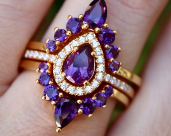 Teardrop Purple Amethyst 3 Ring Set- Pear Dark Purple Wedding Ring Set-14k 18k Real Solid Gold Halo Engagement Ring-February Birthstone Ring