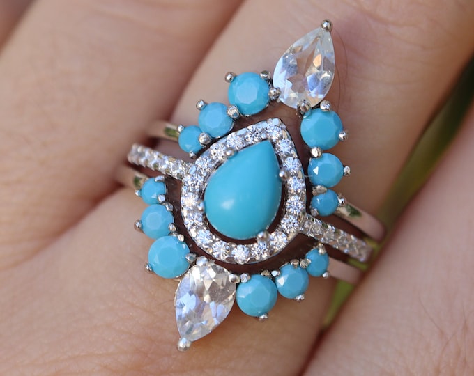 Teardrop Blue Turquoise Bridal Ring Set- Pear Halo Engagement 14k 18k Gold Ring w/ Turquoise Band- Boho 3 Rings- December Birthstone Ring