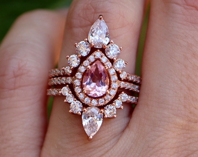 Teardrop Pink Morganite Halo Bridal 3 Ring Set- Pear Pink Engagement 14k Gold Ring- Solid Real 18k Rose Gold Promise Ring w/2 Wedding Band