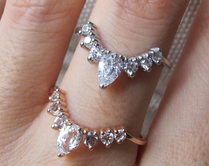 Genuine Pear Round White Topaz Curve Cluster Wedding Band in Sterling Silver