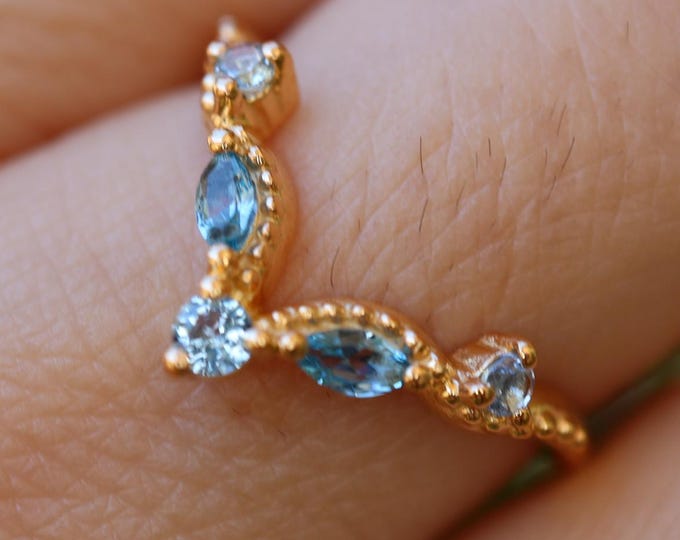 Blue Topaz Deco Enhancer Guard Contour Wedding Milgrain Band in 10k 14k 18k Gold