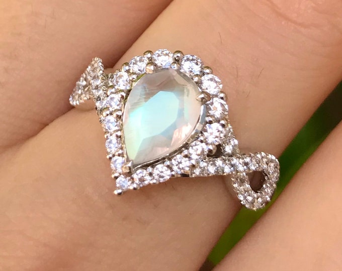 Teardrop Moonstone Diamond Halo Infinity Engagement Split Shank Ring in 14k 18k Gold