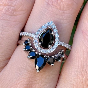 Teardrop Black Onyx Engagement Silver Ring Set- Pear Black Diamond Alternative 2 Rose Ring- Black Halo Ring with Wedding Band