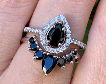 Teardrop Black Onyx Engagement Silver Ring Set- Pear Black Diamond Alternative 2 Rose Ring- Black Halo Ring with Wedding Band
