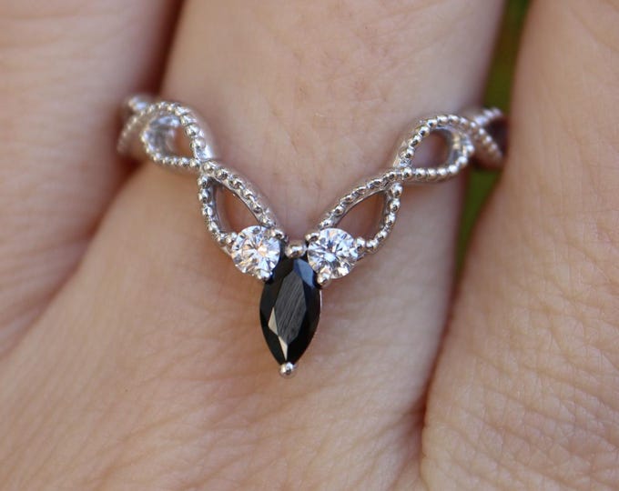 Marquise Black Onyx Deep V Chevron Sterling Silver Wedding Band