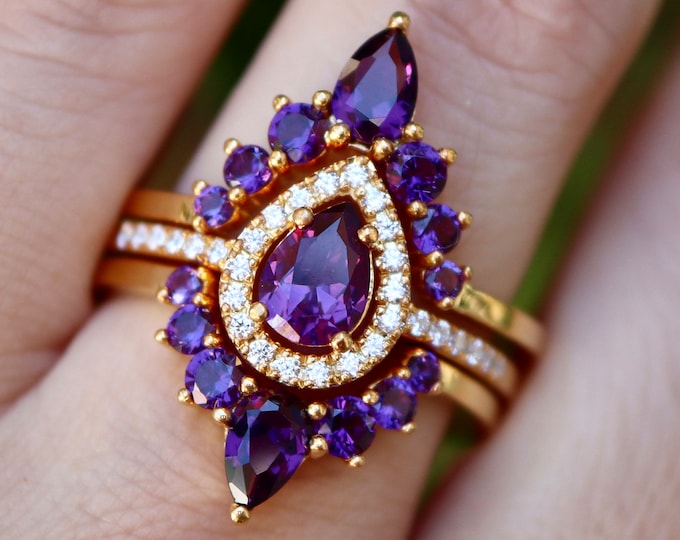 Teardrop Purple Amethyst Bridal 3 Silver Ring- Pear Dark Purple Wedding Ring Set- Halo Engagement Ring for Her- February Birthstone Ring