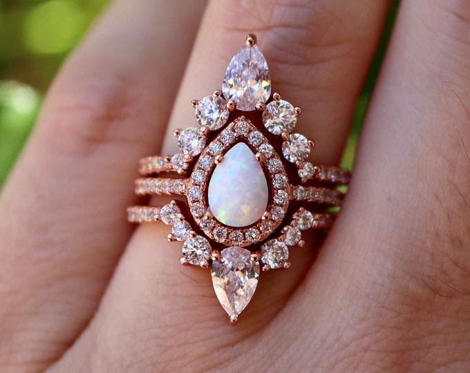 Teardrop White Opal Halo Bridal 3 Rose Gold Ring Set-Pear Rainbow Opal Engagement Solid 14k Gold Ring-October Birthstone Iridescent 18k Ring