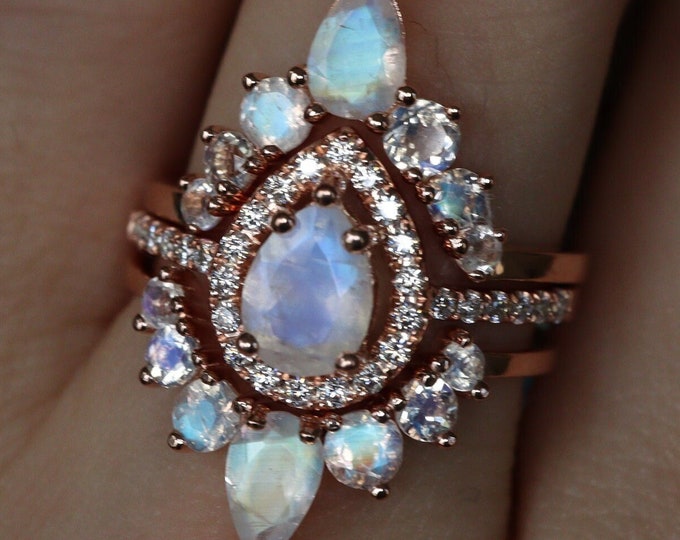 Teardrop Moonstone 14k Gold 3 Ring Set- Pear Natural Moonstone Engagement Ring Set- Genuine Moonstone Halo Ring w/2 Moonstone Wedding Band