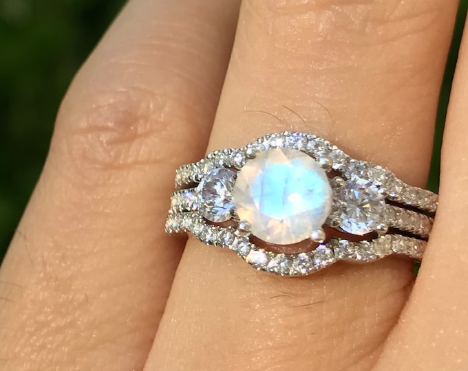 Genuine Moonstone Engagement 3 Vintage Ring Set- Round Moonstone Bridal Ring Deco Set- Three Stone Anniversary Ring- Promise Ring for Her