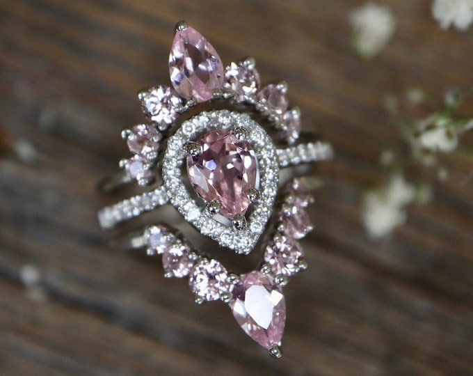 Teardrop Pink Morganite Bridal 3 Sterling Silver Ring Set-Pear Morganite Wedding Rings- Halo Engagement Ring w/2 Wedding Band- Pink Ring Set
