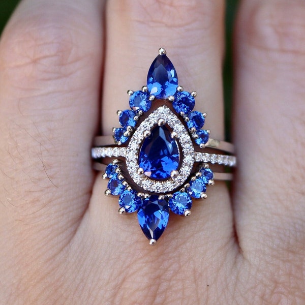 Teardrop Blue Sapphire Bridal 3 Ring Set- Pear Dark Blue Wedding Ring Set-Halo Engagement Ring w/2 Wedding Band- September Birthstone Ring