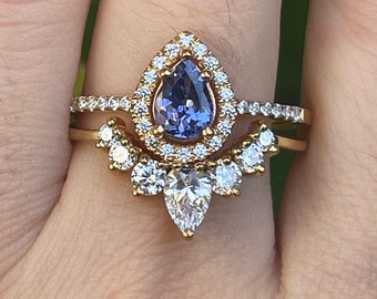 Genuine Blue Tanzanite Teardrop Engagement 14k Ring-Natural Tanzanite Real Solid 14k Gold Ring-Halo Tanzanite Ring- December Birthstone Ring