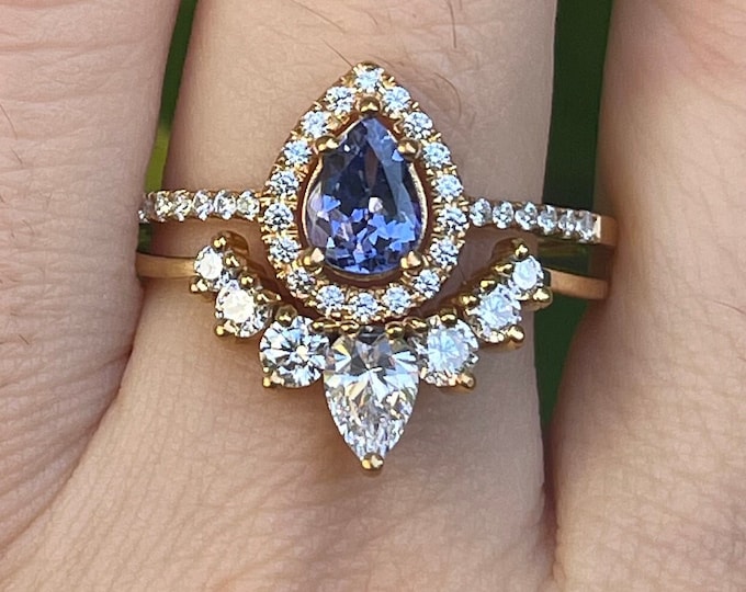 Genuine Blue Tanzanite Teardrop Engagement 14k Ring-Natural Tanzanite Real Solid 14k Gold Ring-Halo Tanzanite Ring- December Birthstone Ring