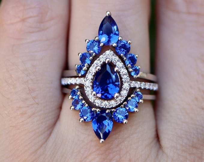 Teardrop Blue Sapphire Bridal 3 Ring Set- Pear Dark Blue Wedding Ring Set-Halo Engagement Ring w/2 Wedding Band- September Birthstone Ring