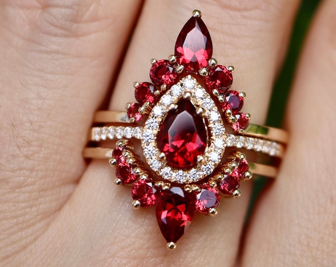 Halo Teardrop Garnet Bridal 14k 18K Solid Gold Ring Set- Pear Dark Deep Red Garnet Wedding Ring- Three Ring Set- January Birthstone Ring