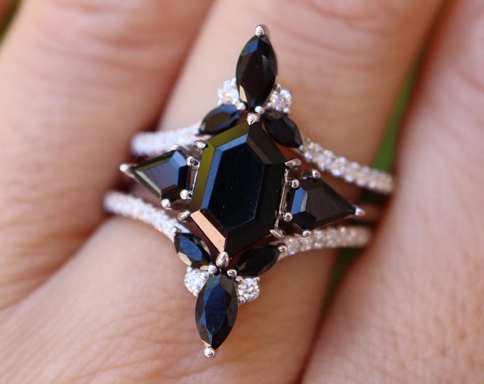 Hexagon Black Onyx Prong Bridal Ring