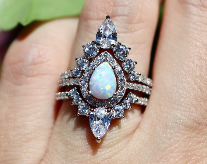 Teardrop Opal Halo Bridal 3 Rose Gold Ring Set- Pear Rainbow Opal Engagement 14k White Gold Ring Set- October Birthstone Iridescent 18k Ring