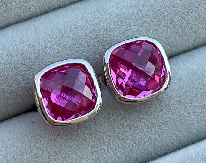 Fuschia Pink Square Stud Earring- Pink Topaz Bezel Earring- Pink Quartz Earring- Sterling Silver Cushion Hot Pink Earring