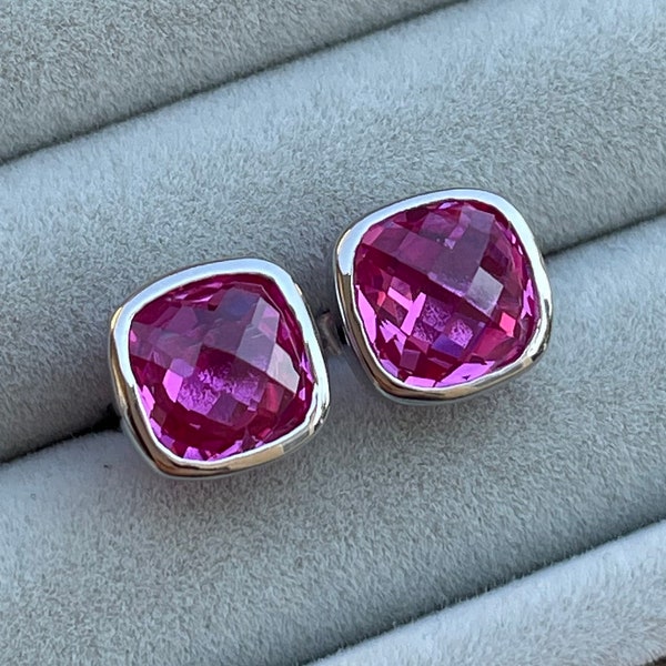 Fuchsia Pinke quadratische Ohrstecker aus Sterlingsilber