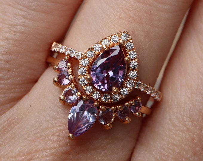 Teardrop Halo Alexandrite Color Change 2 Silver Ring Set- Pear Blue Purple Gemstone Rings for Her- June Birthstone Ring